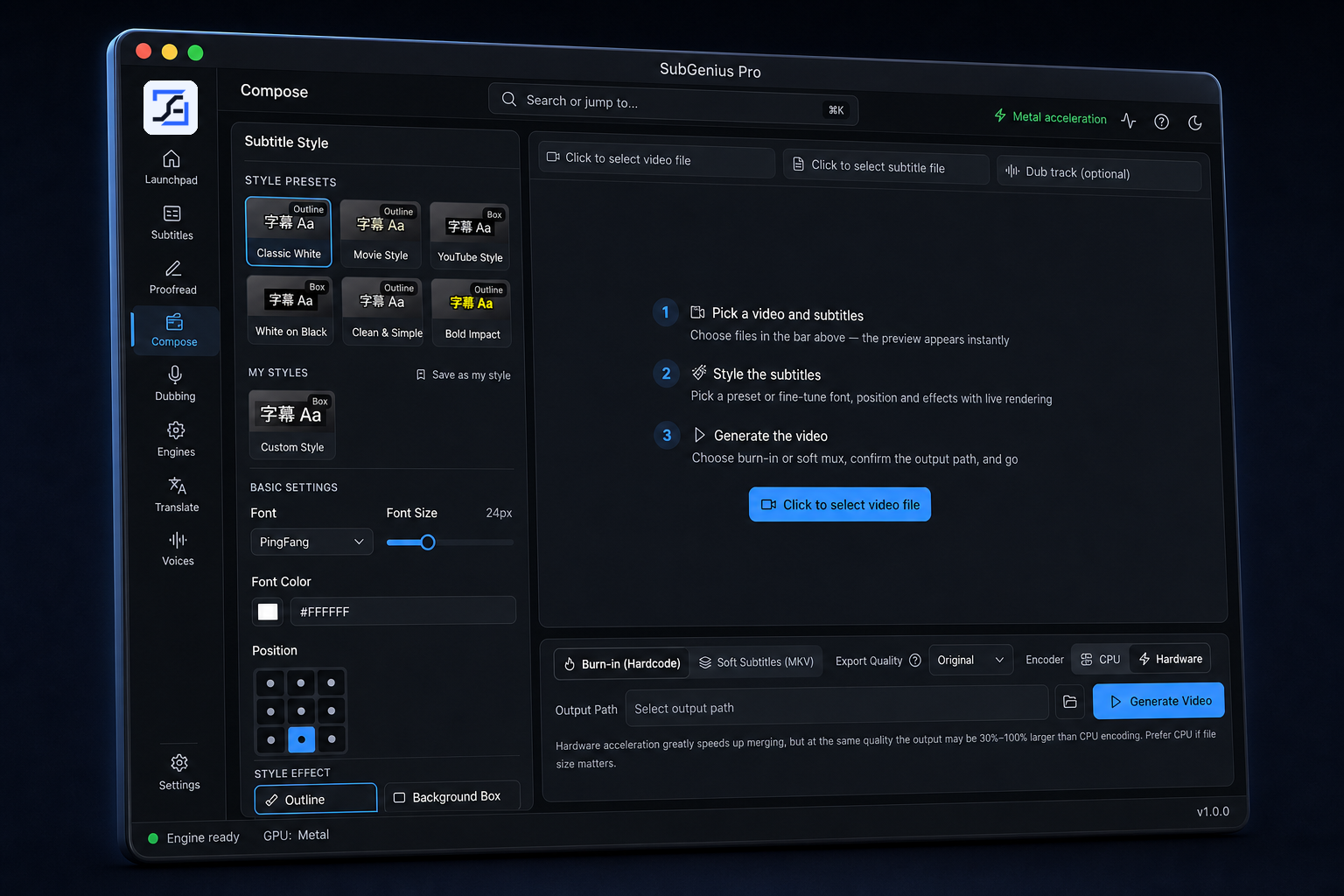 SubGenius Pro Compose: style subtitles and export video locally