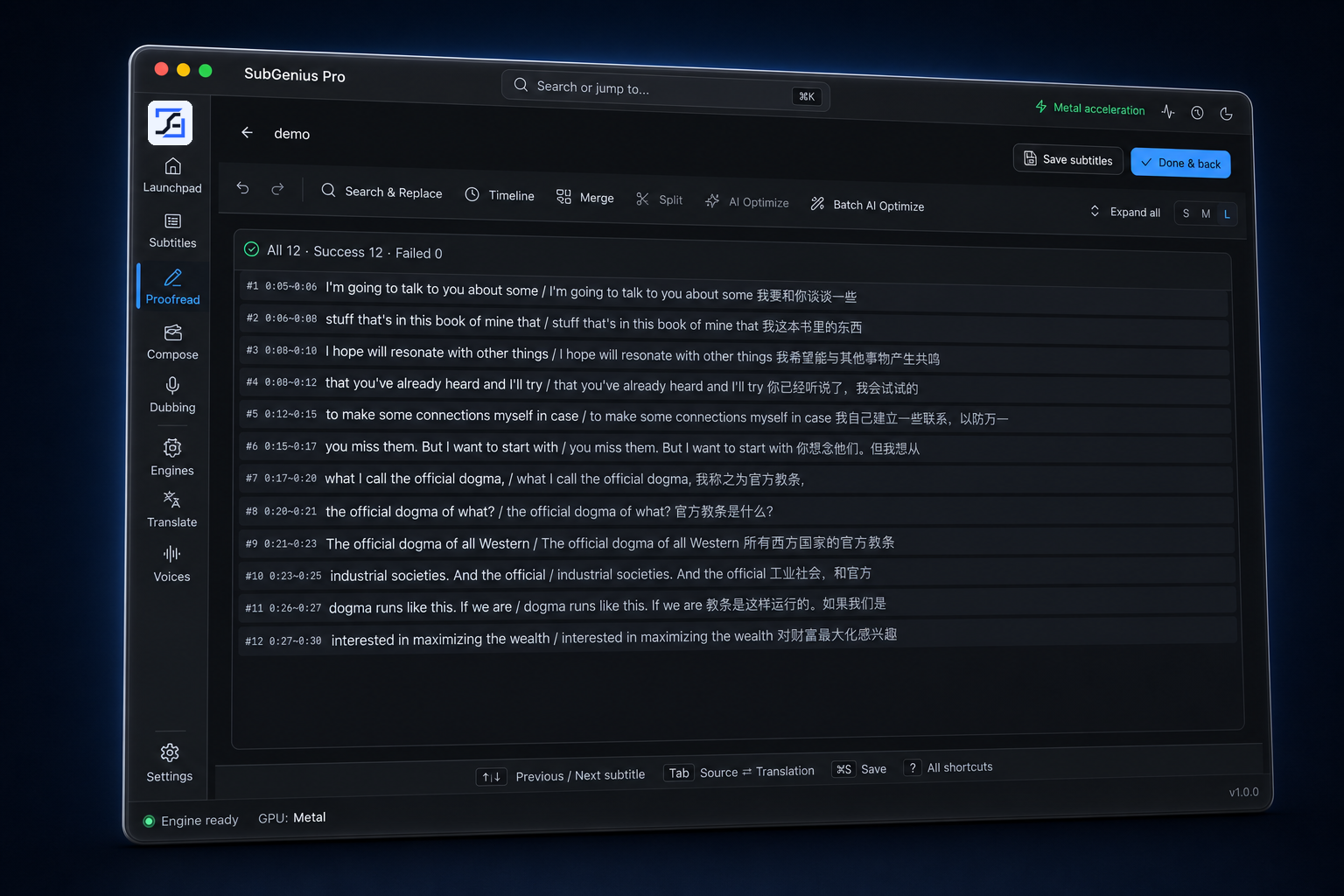 SubGenius Pro Proofread: bilingual subtitle list with AI optimize